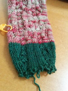 Here you can see my marker for the earlier toe transition point and I've unworked the kitchener stitches.